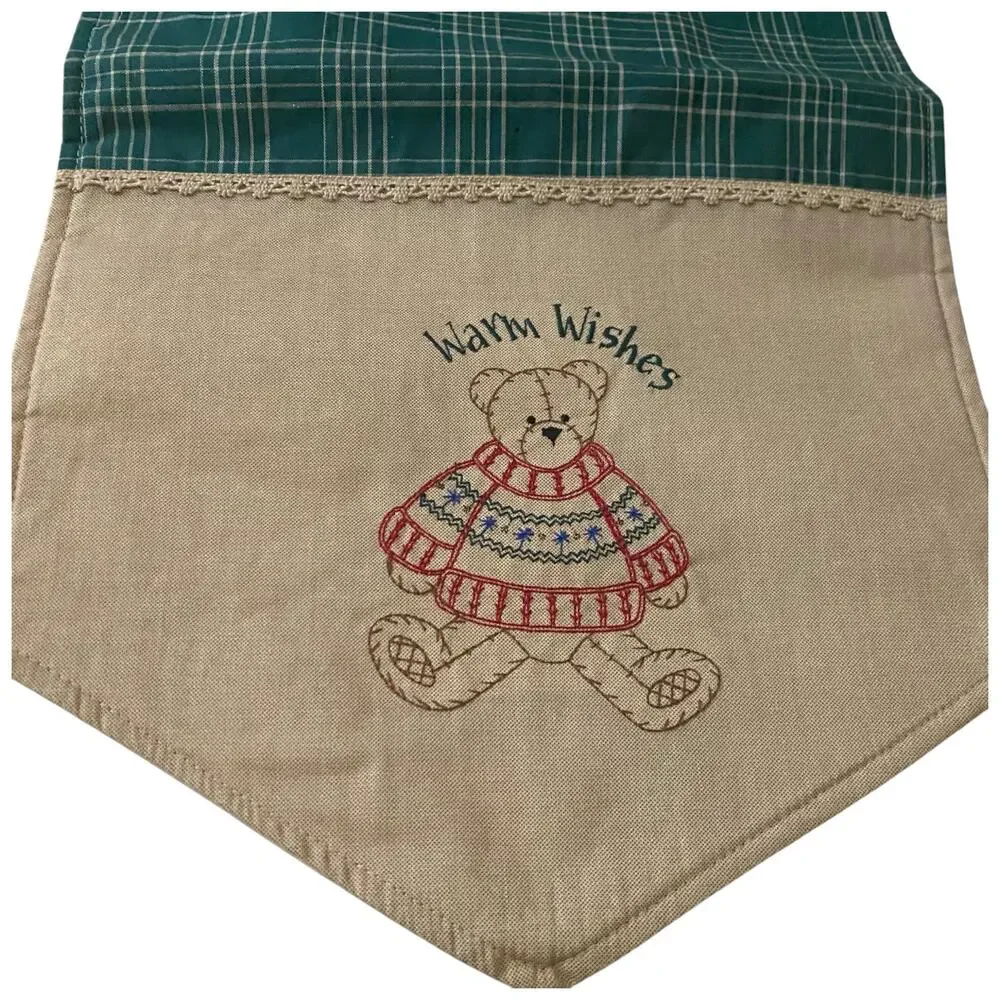Vintage table runner for side table that reads “Warm Wishes” w teddy bear design